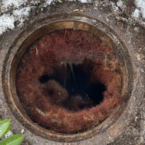 Verstopfter Kanalschacht in München vor der Reinigung